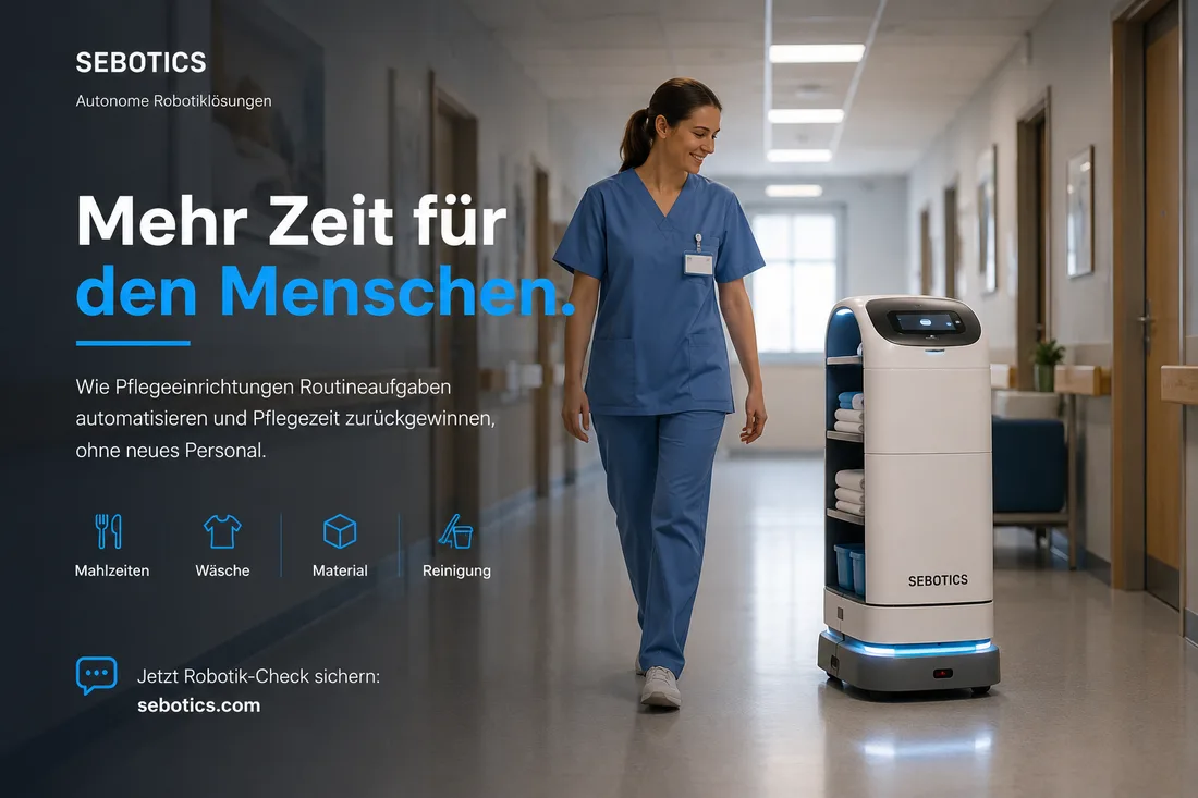 Pflegekraft und autonomer Transportroboter im Flur einer Pflegeeinrichtung — Mehr Zeit für den Menschen